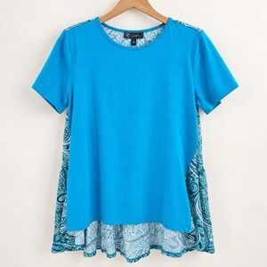 DG2 Diane Gilman Boho Mixed Media Paisley Top Womens L Turquoise Coastal Grandma